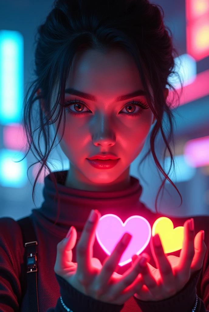 cyberpunk, women holding different shaped neon light in hand, brokeh, beautiful detailed eyes, beautiful detailed lips, extremely detailed eyes and face, long eyelashes, cyborg, sci-fi, futuristic, neon city, dark atmosphere, dramatic lighting, (best quality,4k,8k,highres,masterpiece:1.2),ultra-detailed,(realistic,photorealistic,photo-realistic:1.37), professional, vivid colors, cinematic