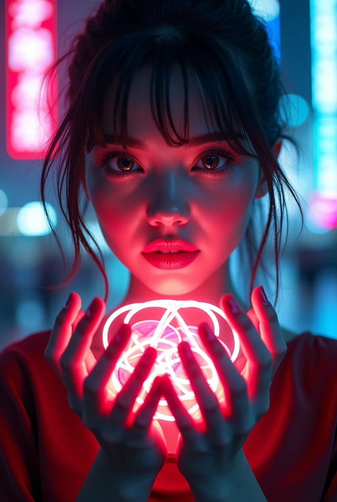 cyberpunk, women holding different shaped neon light in hand, brokeh, beautiful detailed eyes, beautiful detailed lips, extremely detailed eyes and face, long eyelashes, cyborg, sci-fi, futuristic, neon city, dark atmosphere, dramatic lighting, (best quality,4k,8k,highres,masterpiece:1.2),ultra-detailed,(realistic,photorealistic,photo-realistic:1.37), professional, vivid colors, cinematic