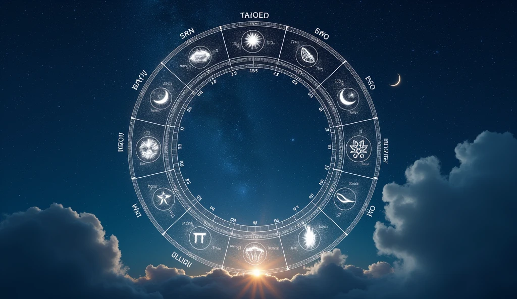Imagine a starry night sky with a large celestial calendar. Each day of the calendar is marked with mystical symbols and numbers, representing the events and predictions we discussed. The calendar is illuminated by a soft light, emitted by a crescent moon shining in the background. The stars around the calendar are visible, reflecting the energy and mysteries of the days mentioned. Each date has symbols representing recommended actions and what to avoid., creating a visual connection to the spirituality and predictions discussed.