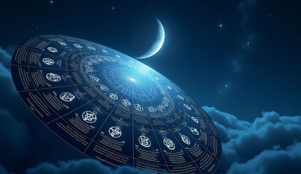 Imagine a starry night sky with a large celestial calendar. Each day of the calendar is marked with mystical symbols and numbers, representing the events and predictions we discussed. The calendar is illuminated by a soft light, emitted by a crescent moon shining in the background. The stars around the calendar are visible, reflecting the energy and mysteries of the days mentioned. Each date has symbols representing recommended actions and what to avoid., creating a visual connection to the spirituality and predictions discussed.