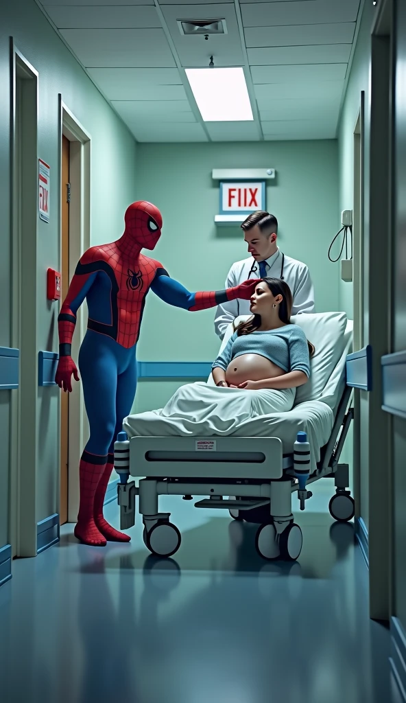 scene of spiderman pushing a pregnant woman on a hospital bed with a nurse in the hospital hallway(fantasy)