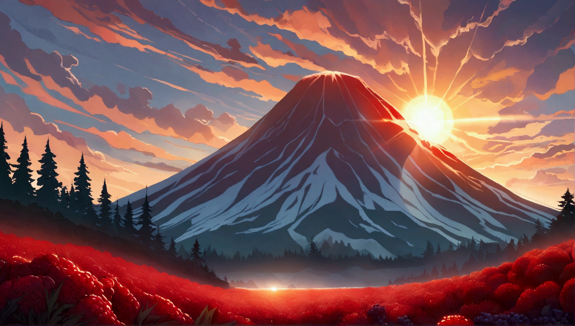 ultra wide landscape flooded with light moebius style, greenery, giant red chili, giant blackberries, epic, sun, mt hood, waterfall, forest, oregon, green