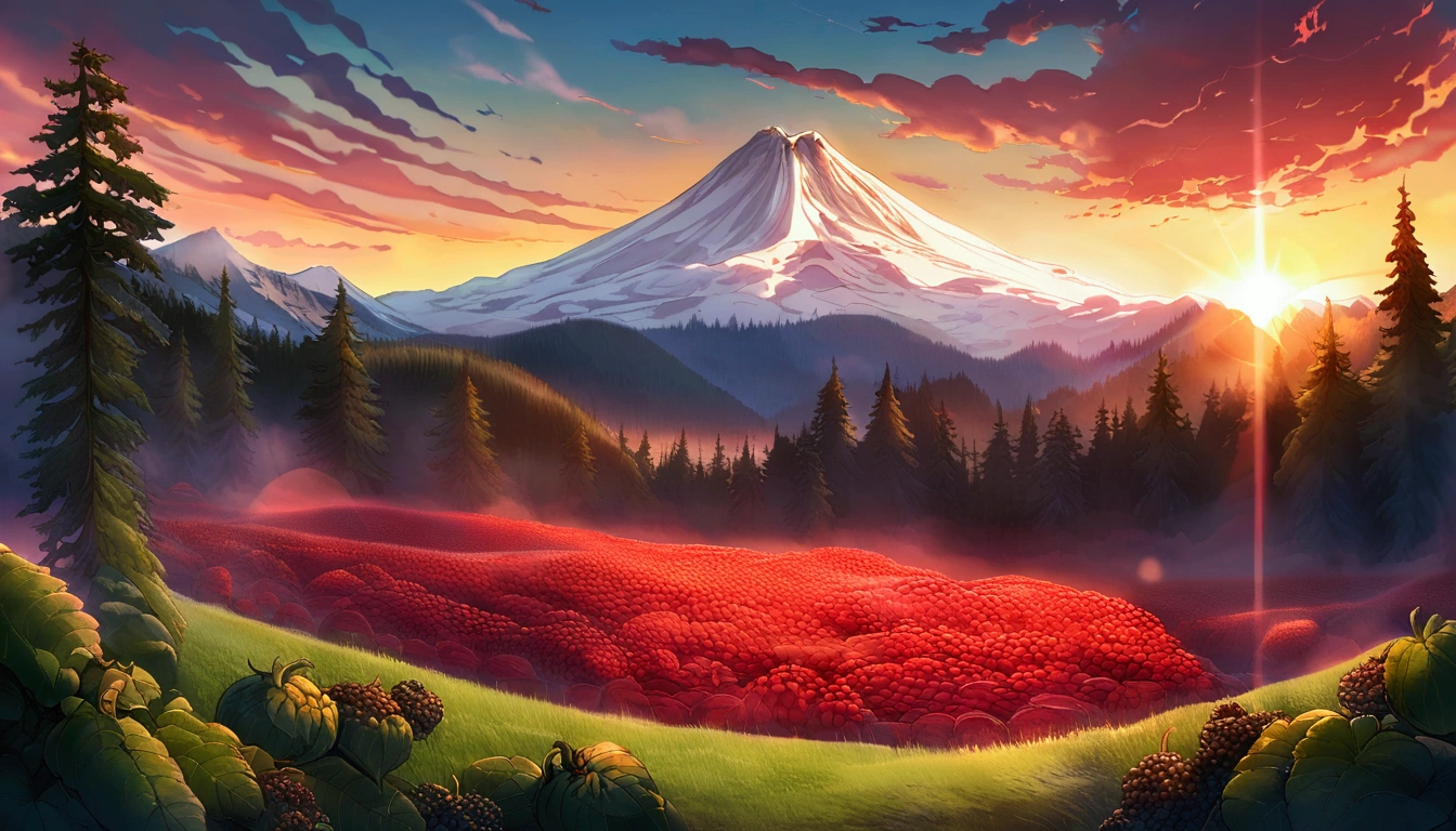 ultra wide landscape flooded with light moebius style, greenery, giant red chili, giant blackberries, epic, sun, mt hood, waterfall, forest, oregon, green