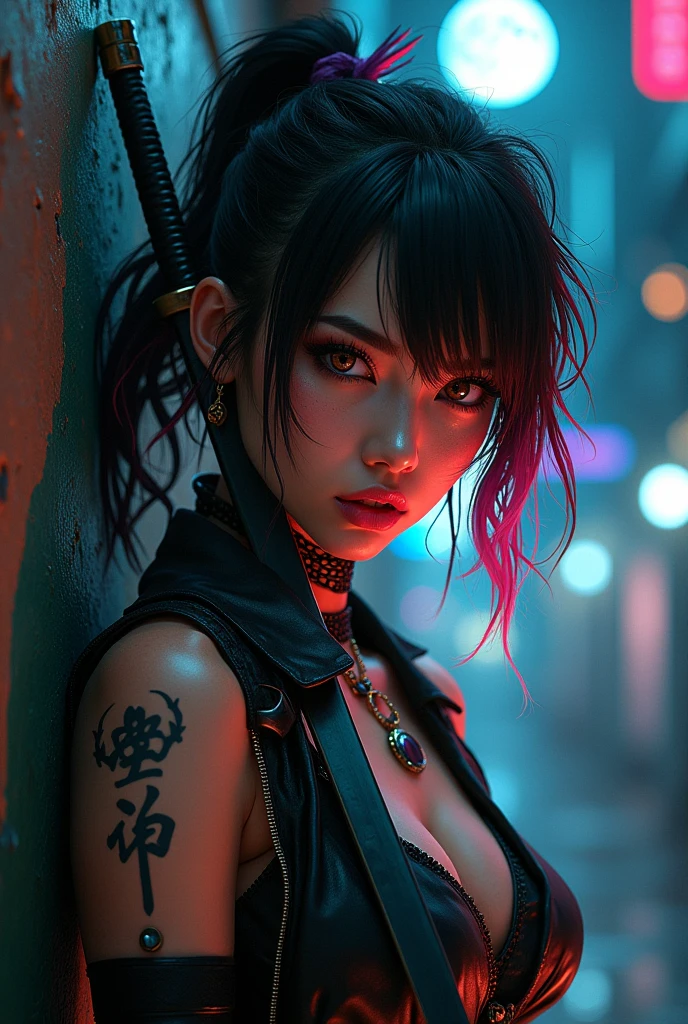 Female Asian, light angry smile, messy hair tied with neon tips, amber eyes, cybernetics in eyes, scar on left eye, left arm with few Black carbon cybernetics, neon designer coat clothing, tattoo with family symbol on forearm, night alley background, moon reflection on Walter, Pose leaning against the wall sharpening leisure with spark coming out a katana, Focus on the face, high details at the injured arms