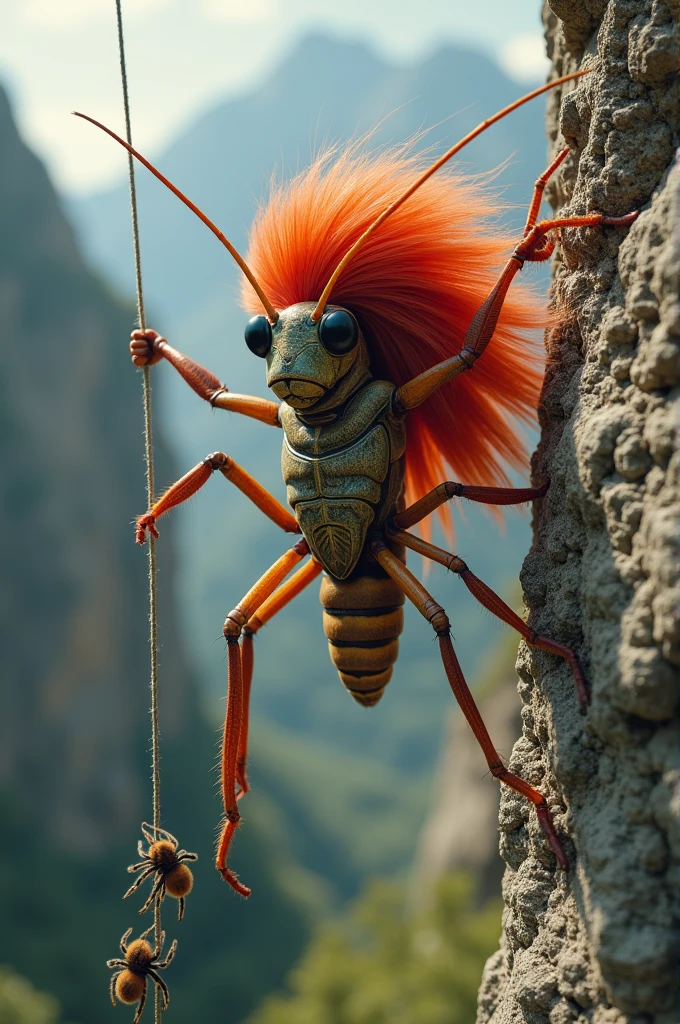 ((best quality)), ((masterpiece)), (detailed), Imagine a cricket standing like a human, maintaining all its natural characteristics, like their antennas and exoskeleton. He is wearing a big straight red wig, that moves with the wind. The cricket is hanging from a rope tied to a mountain. Below him, several spiders are climbing the mountain wall