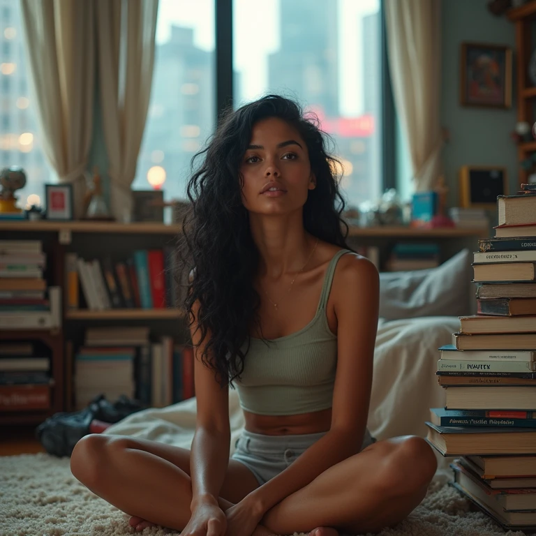 realistic photo of a (pretty girl, 20 years old, brunette, black eyes) seat down at carpet read a magazine, (full lips) , ((perfect face)), [[mild smile]], proportionate body,mixed herritage, beautyfull, beautyfull face, tanned skin, two arms, two legs, five fingers by hand, full body, (curly black long hair), brunette girl), Casual outfit, Apartament into glass building, cyberpunk city behind glass panel, reading a book, messy stuff at carpet, hammok, books and collectibles at carpet
