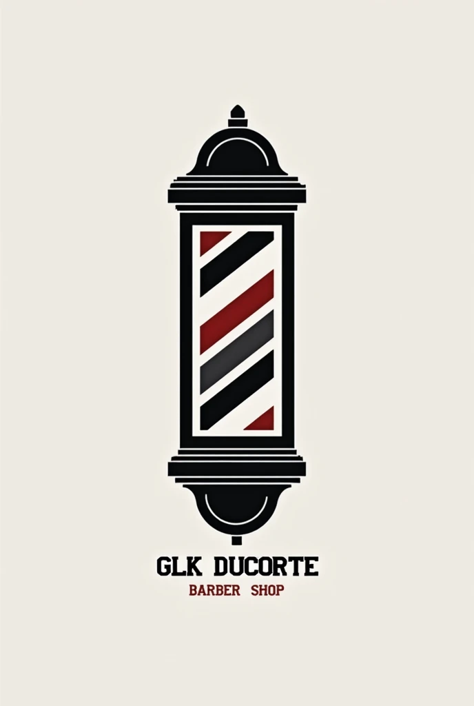 Create a barber shop logo without a character, with the color black and white and the name “GLK ducorte” that is eye-catching and has Barber Pole