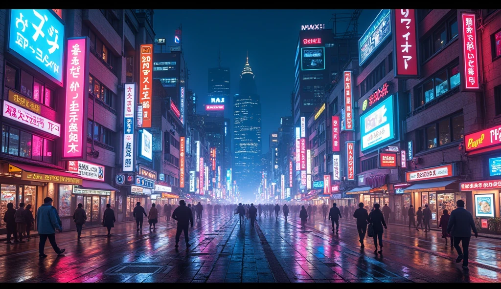 Japanese city at night with lots of neon lights horizontal image