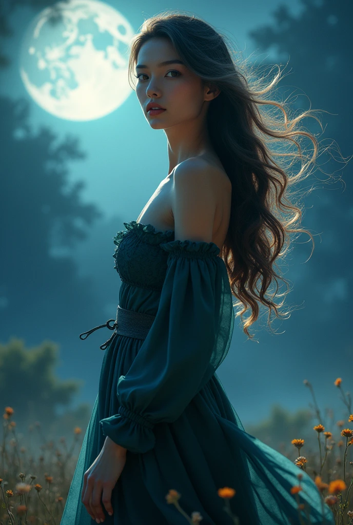 A mysterious woman wearing a black and gold dress, wearing a beautiful hat under the full moon in a flower field