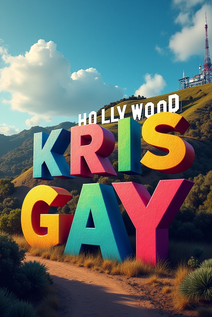 the hollywood sign saying but not with hollywood letters ,  with "Kris is gay" letters
