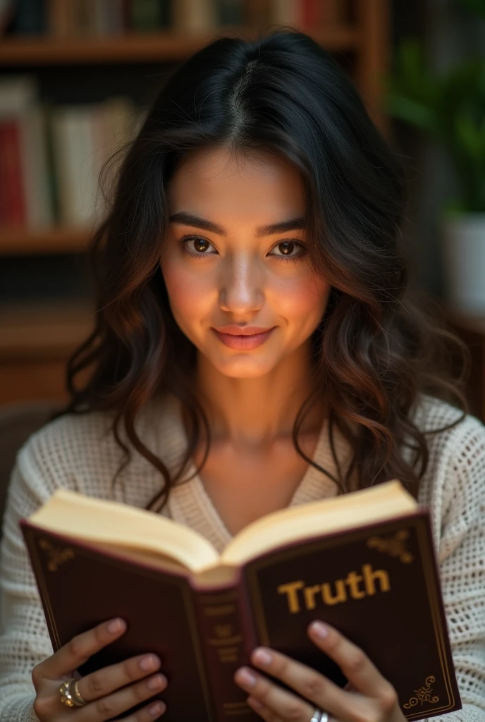 Create an image of a woman, reading a book and on the cover of the book it says Truth. The style is a realistic photograph taken in daylight using a 35mm lens in 4k, super detailed, with direct beta illumination and contrast application --ar 9:16