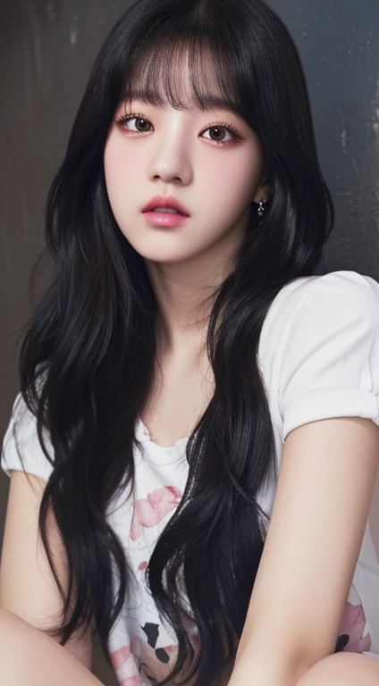 A woman with long black hair and a white shirt, black rose jisoo portrait, Portrait of Jossi from Blackpink, Jisoo from blackpink, korean idol woman portrait, in the Art Style of bowater, Jisoo from blackpink, realistic painting cute girl, glossy Digital paint, low detailed. Digital paint, photorealistic!!!!!!! Art Style, guweiz style artwork