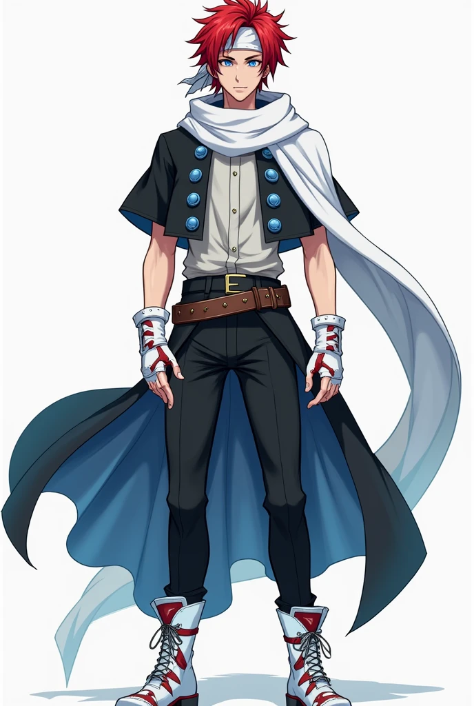 rompts
Copiar prompts
apenas 1 homem, very handsome man, red hair with a hairstyle similar to that of the character Sasuke, but using a white bandana that doesn't need to be tied, with the symbol of a blue phoenix, very blue eyes, like heaven, muito claro, Asian, wears a short black jacket with cyan blue details, Light gray blouse, with a huge white scarf tied around his neck, that crawls to the ground, black pants and white military boots, with red details, além de luvas brancas with red details sem dedos que imitam couro, and a belt under the shirt.