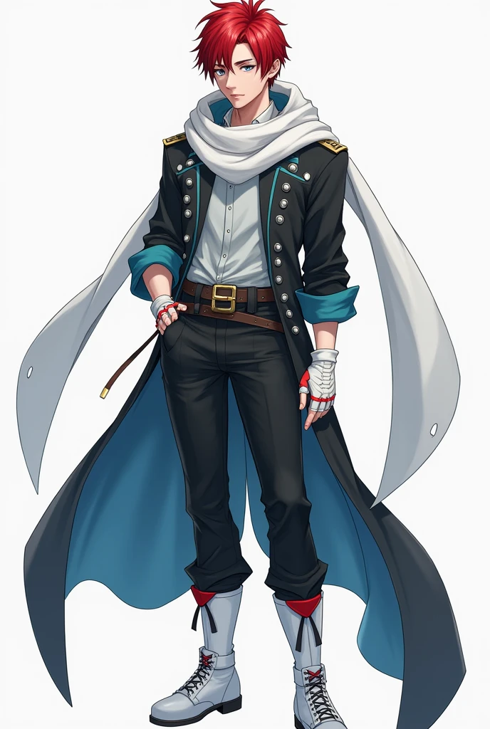 rompts
Copiar prompts
apenas 1 homem, very handsome man, red hair with a hairstyle similar to that of the character Sasuke, but using a white bandana that doesn't need to be tied, with the symbol of a blue phoenix, very blue eyes, like heaven, muito claro, Asian, wears a short black jacket with cyan blue details, Light gray blouse, with a huge white scarf tied around his neck, that crawls to the ground, black pants and white military boots, with red details, além de luvas brancas with red details sem dedos que imitam couro, and a belt under the shirt.