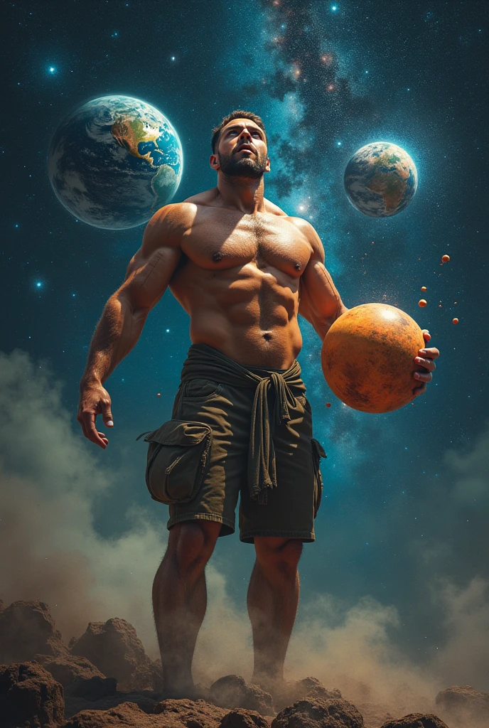 man carrying seed plus bags, He can hardly handle more bags, but he starts working out and gets stronger to carry more bags, stronger and bigger., even more so when you hold planet Earth in your hand, it's in the galaxy, He is eating Mars, swallowing Mars with the Earth in his hand, he is even stronger, stronger than a bodybuilder.