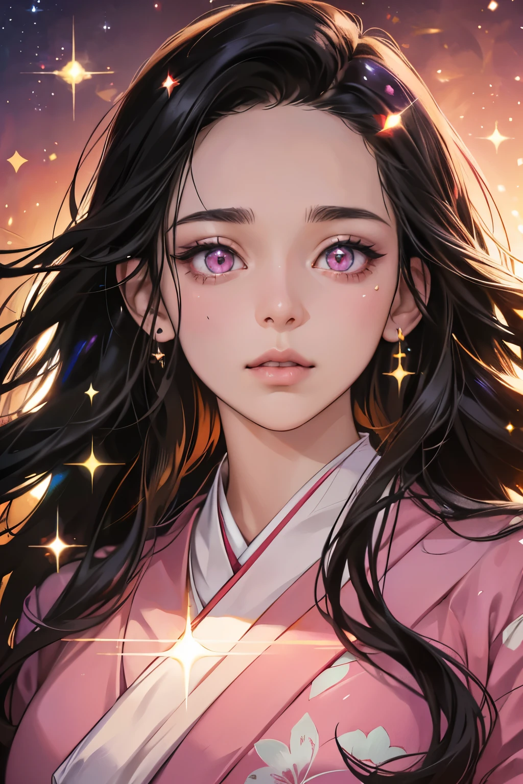 Nezuko from demon slayer. a young woman with long dark hair, (pink eyes), beautiful detailed eyes, beautiful detailed lips, extremely detailed face, longeyelashes, wearing a pink kimono, (best quality,4k,8k,highres,masterpiece:1.2),ultra-detailed,(realistic,photorealistic,photo-realistic:1.37),digital painting,exquisite detail,intricate details,highly detailed,vivid colors,warm lighting,cinematic lighting,dramatic lighting, iridescence, dramatic angle, space, (floating colorful sparkles:1.3), Dramatic Lighting, Chiaroscuro, Evocative Depth. Face Portrait. Close up. 