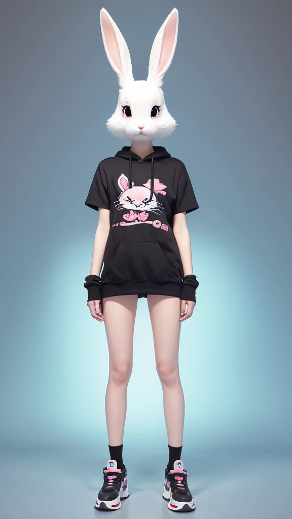 (aesthetic, high quality, ultra detailed CG), a blushing Asian girl, cute, short black hair, big cute eyes, "black and white panda theme hoodie", wearing a diaper, black thigh high socks and mary jane shoes, a full body portrait, standing up pose, casual dynamic pose, high key lighting, pastel colors, anime-style, light green bright background.