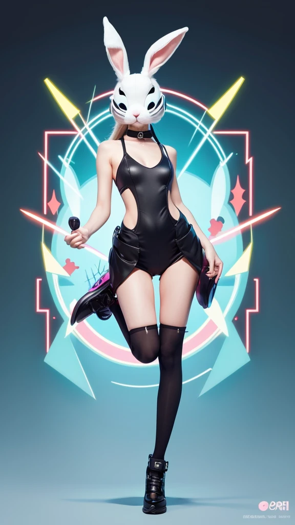 Japanese girl , Round face , (Tilt face:1.1) , (Wink:1.2) , messy , Estrus , Provocative smile , Glossy Lips , (nude:0.95) , (Body Paint bunny suit:1.4) , show stage , dance move