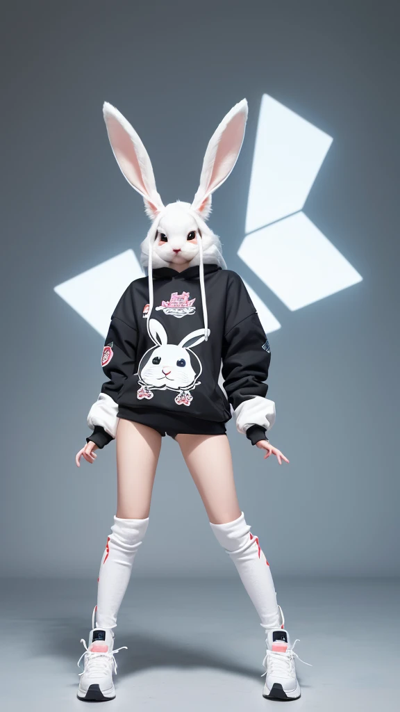 Cartoon Animal Design, Full body picture of a cute rabbit in flat style, Simple but with a strong sense of design, Fresh flat style, Cyberpunk elements are liberally incorporated, Viewed from the front、It expresses an attractive and cute posture., Cute posture with legs hanging down