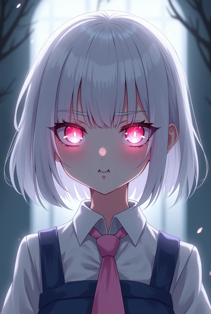 Anime style girl with evil face with short white hair, White eyelashes and completely albino, meaning her whole being is luminous white. Despite her evilness, she dresses in clothes like a schoolgirl dress or rather elegant with a tie like from a light pink magic school., She also has eyes of this same pink color but they still look slanted and mysterious.. He has a slight smile on his lips always but he looks completely cruel as if he were mocking me. 