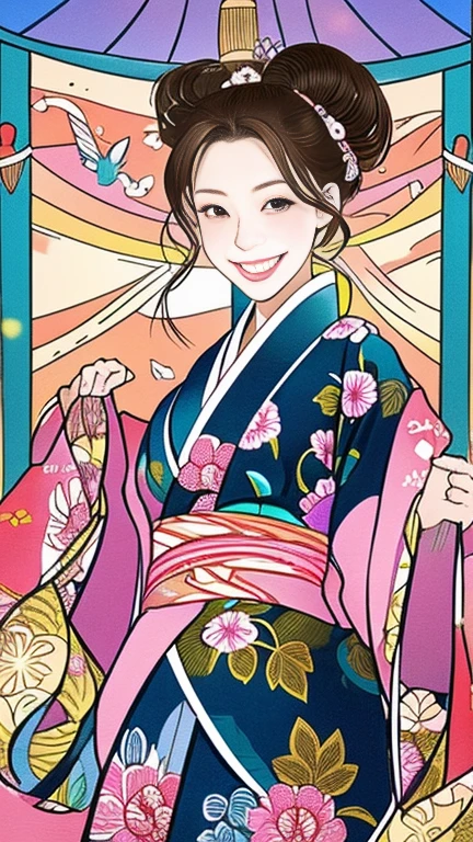 (SeaArt creates stunning illustrations of beautiful women in kimono)、Vividly colored Japanese Ukiyo-e style illustrations、A beautiful woman smiles and shows her upper white teeth、Brown-black long hair、Beautiful full body style、If you want to dance, let&#39;s dance, Tokyo Ondo, Yoi Yoi、Beautiful new digital paintings,、Bright vibrant digital anime art、 Beautiful anime portraits、background,Japanese shrine torii gate front、 Detailed digital anime art、