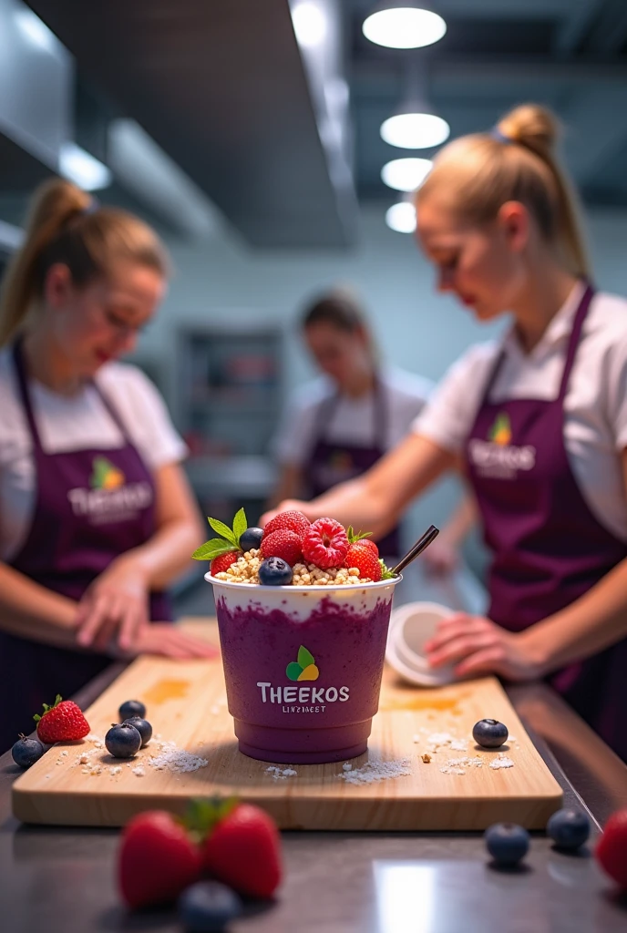 create a realistic kitchen team with uniform with store name in theikos açaí store preparing açaí cup 18k