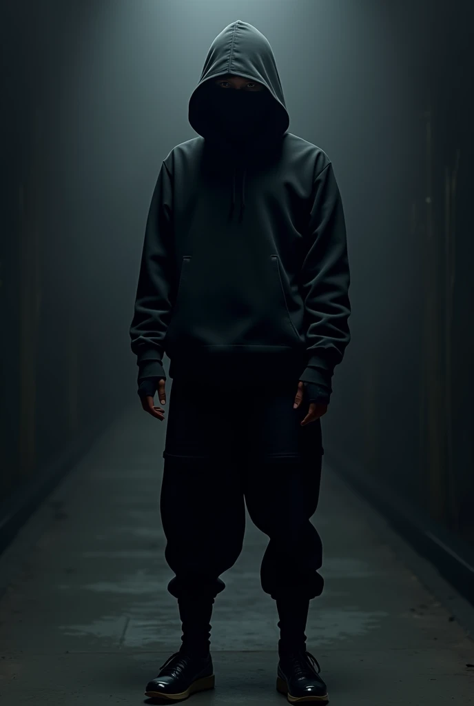 Person wearing black ninja cap, black hooded sweatshirt,black long gloves, black pants and shoes