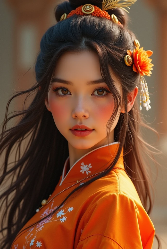 (Fluorescent color: 1.4), (translucent: 1.4), (Vintage filter: 1.4), (dream: 1.4), (orange background: 1.4), (1 woman wearing clothes (orange and white chinese style: 1.4), tang style, Print Pattern, dull bangs, black hair, Braid), (portrait: 1.6), looking at the viewer, (masterpiece, 8K UHD, HDR, very detailed, intricate details, highest quality, Professional, bright colors),