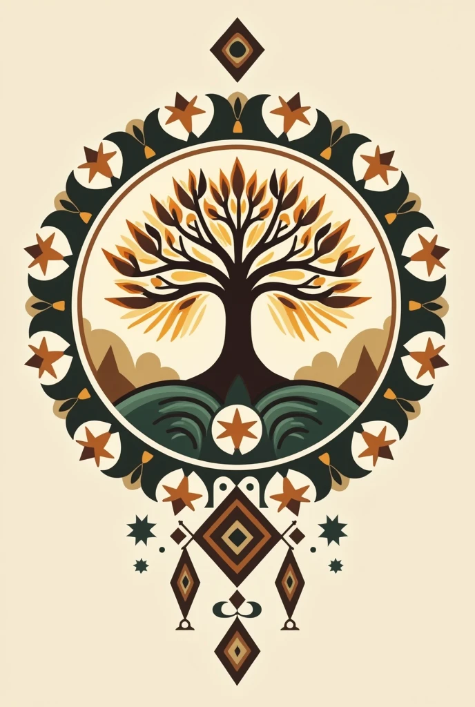Please, generate a logo that represents life and the connection between the feelings of our dead and the knowledge of our grandparents, with an indigenous and traditional approach. The logo should include elements that symbolize life, like trees or the sun, as well as symbols that represent the memory and legacy of the ancestors, like stars or geometric patterns. Be sure to incorporate traditional indigenous elements and use a natural, earthy color palette.. If you include text, that it be with a typography that respects the traditional style of the design, Please, on one side, let us see the feelings of our dead and the knowledge of our grandparents.