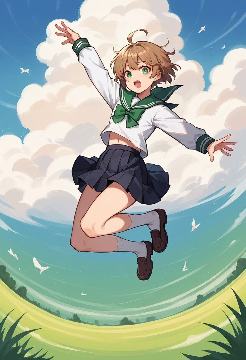 1girl, , androgynous, solo, green eyes, school uniform, skirt, sailor collar, green bow, serafuku, long sleeves, short hair, shirt, bow, ahoge, bangs, white shirt, pleated skirt, jumping, sky, rainbow, field, brown hair, green bowtie, black skirt, facing viewer, bowtie, green sailor collar, light brown hair, full body, best quality, amazing quality, very aesthetic, masterpiece