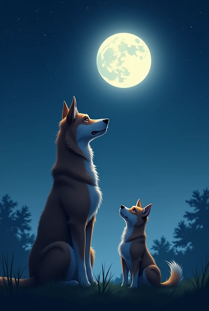 Image of two dogs, one big and one small, facing away from each other, looking at the moon