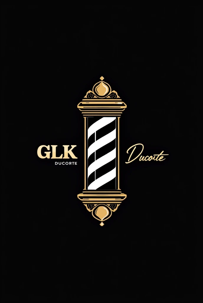 Create a barber shop logo without a character, with the color black and white and the name “GLK ducorte” that is eye-catching and has Barber Pole, make it very eye-catching with the gold, very golden and the black background
