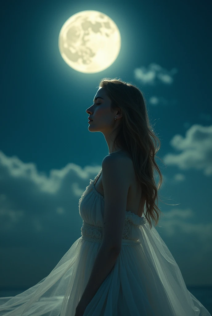 a beautiful woman in a transparent dress standing under a night sky with a full moon, extremely detailed face and body, ethereal twilight theme, cinematic lighting, high quality, detailed, photorealistic