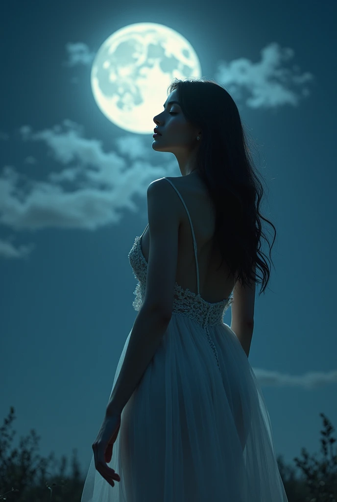 a beautiful woman in a transparent dress standing under a night sky with a full moon, extremely detailed face and body, ethereal twilight theme, cinematic lighting, high quality, detailed, photorealistic