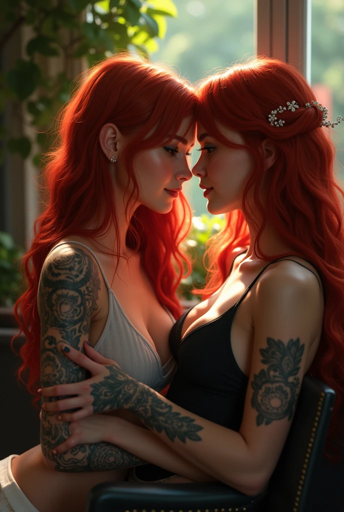 A girl with red hair and her girlfriend with tattoos