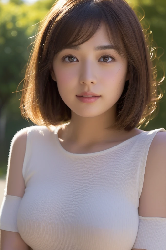 Brown-haired woman 30 years old、unclean、Lens flare、(8K、born、professional、highest quality、masterpiece:1.2)、(realistic、Photoreal:1.37)、super detailed、(best detailed skins:1.2)、(Supreme Detail Face:1.2)、movie lighting、1 female、Japanese、Short-cut brown hair、(the wind is strong)、warm white light、shy smile、Photographed from the front、((highest quality、8K、masterpiece:1.3))、beautiful woman with perfect figure:1.4、、((dark brown hair、big breasts:1.2))、Highly detailed face and skin texture、detailed eye、double eyelid、big breasts、gender Wearing a plain white round neck T-shirt Tokyo city whole photo Cafe