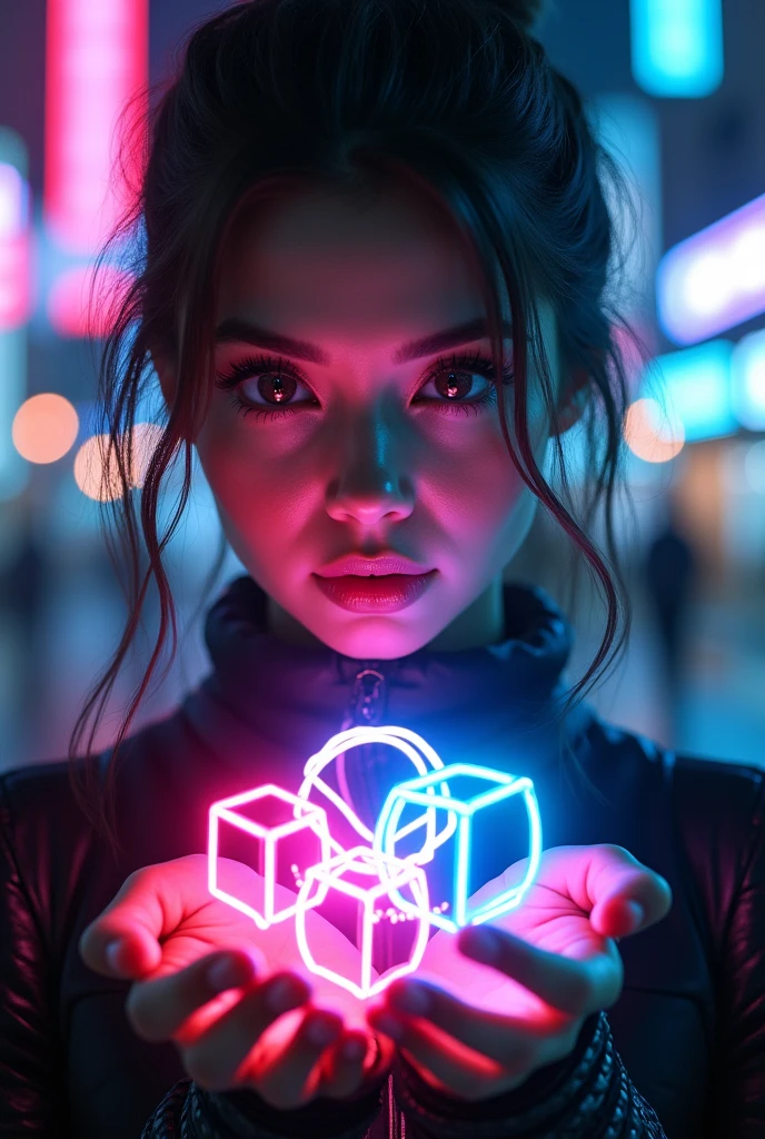 cyberpunk, women holding different shaped neon light in hand, brokeh, beautiful detailed eyes, beautiful detailed lips, extremely detailed eyes and face, long eyelashes, cyborg, sci-fi, futuristic, neon city, dark atmosphere, dramatic lighting, (best quality,4k,8k,highres,masterpiece:1.2),ultra-detailed,(realistic,photorealistic,photo-realistic:1.37), professional, vivid colors, cinematic