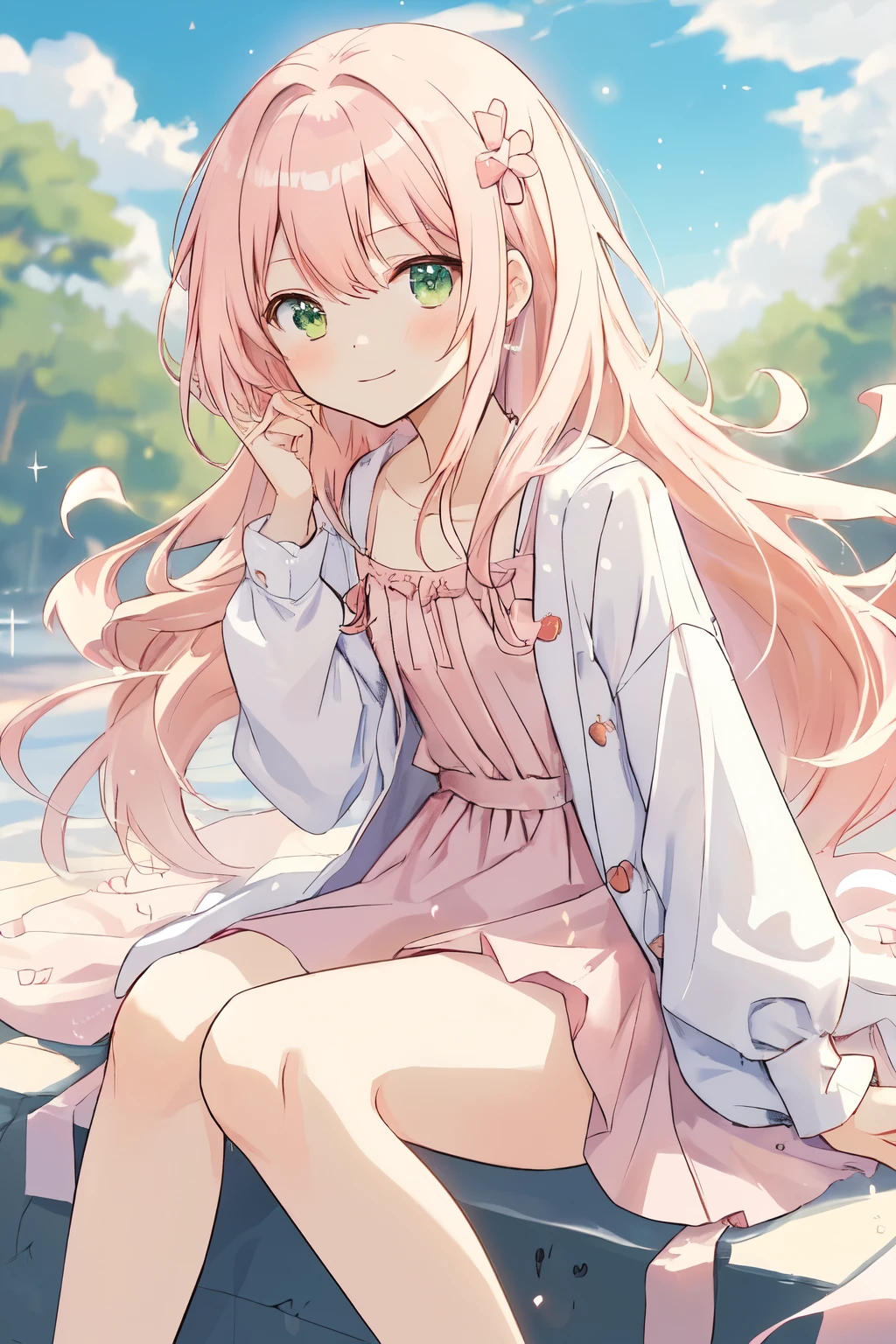 1_girl, (anime, kawai:1.6), (masterpeice, best_quality, clean:1.8), (sky_background:1.2), (cute, wholesome, young:1.4), (delicate, extremely_delicate, beautiful, thin:1.3), (girlfriend, angel:1.5), (green_eyes:1.8) (long_hair, blond_hair:1.6), (wearing_pink_magic_dress, pink_angel_wings:1.8), (tease:1.8), (combat:1.8), extremely_delicate, (love_magic:_size_fits_body), (small_thighs:1.3), (eye_level:1.3), (love:1.5), (warm:1.5), (folded_legs:1.3), (cheerful:1.5)