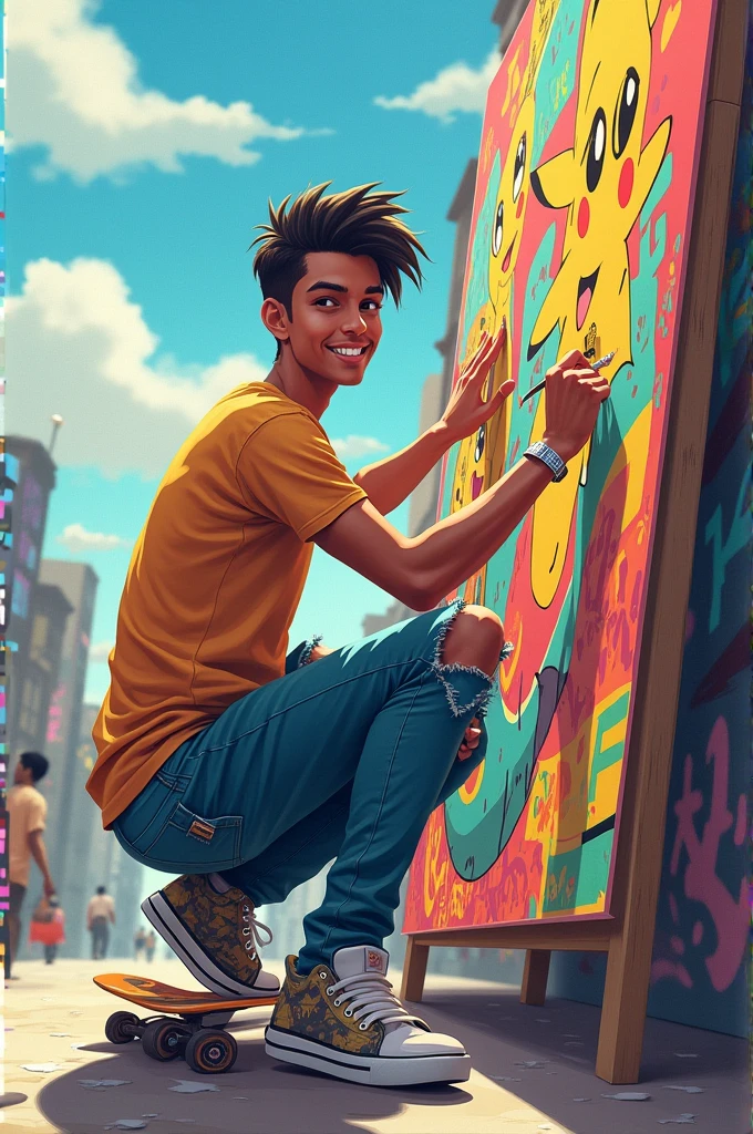 Make an Indian guy in skater clothes with pokemon drawing stroke