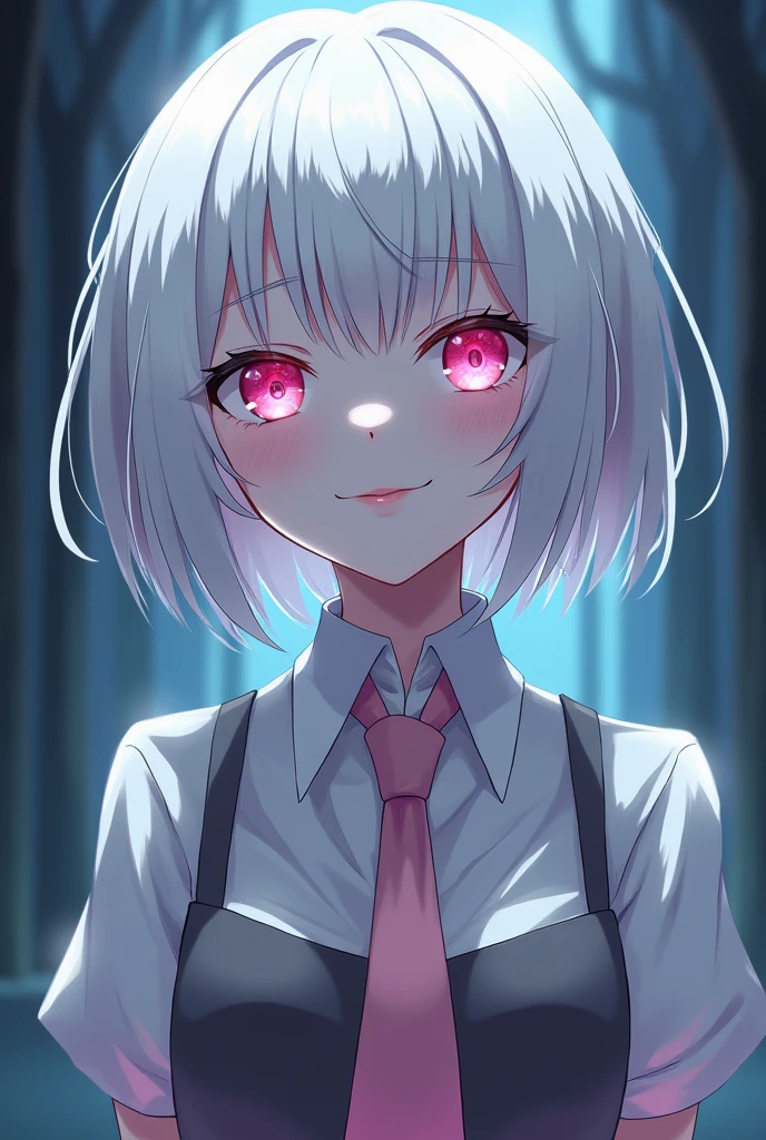 Anime style girl with evil face with short white hair, White eyelashes and completely albino, meaning her whole being is luminous white. Despite her evilness, she dresses in clothes like a schoolgirl dress or rather elegant with a tie like from a light pink magic school., She also has eyes of this same pink color but they still look slanted and mysterious.. He has a slight smile on his lips always but he looks completely cruel as if he were mocking me.