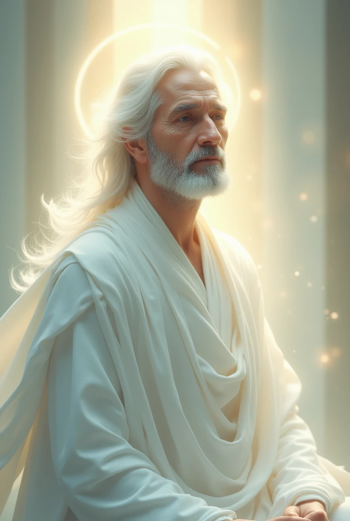 Man dressed in white with a saintly face