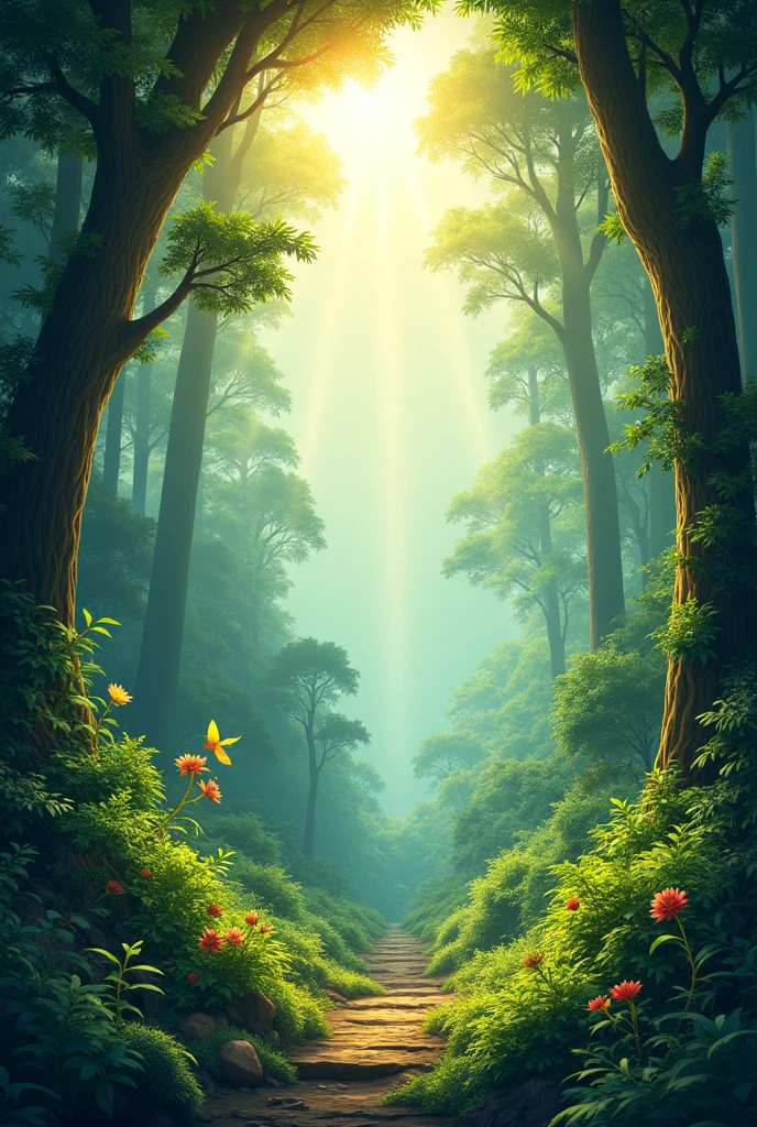 a background for an application called "climate heroes". This background is a menu background where in mrnu there will be clickable squares that will take you to another screen..  Create a forest background