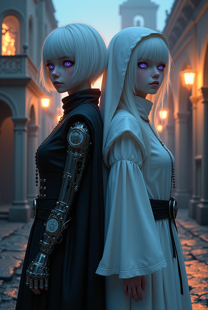 Two albino girls from the Middle Ages standing back to back with violet eyes and white hair, with the one on the left with short hair in dark alchemist clothes and with a steampunk prosthesis with the baphomet symbol on her left hand, and the one on the right in white nun's clothes holding a rosary,, with a burning church behind, the night.