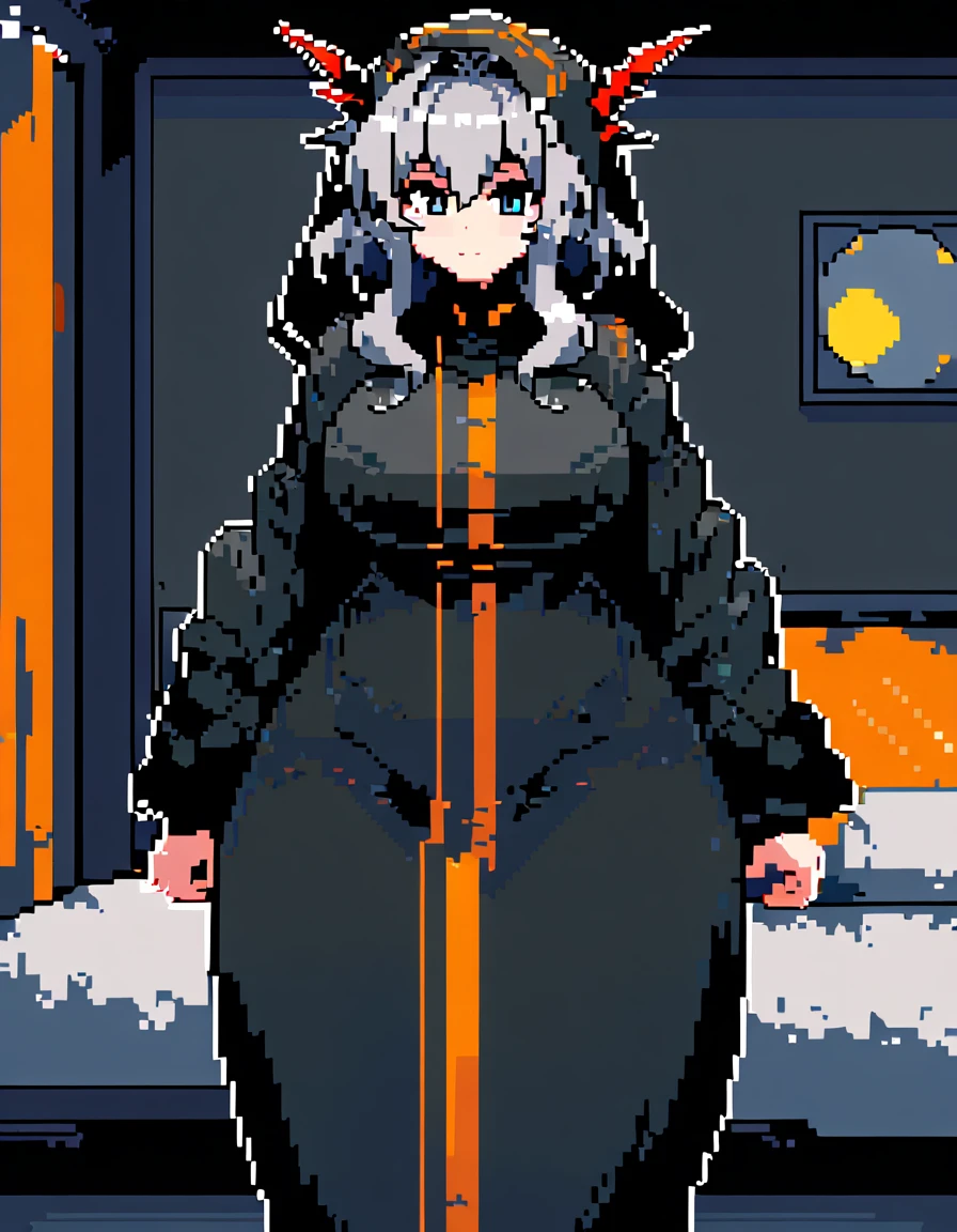 Talulah(Arknights),grey hair,dragon horn,curvy body,fit figure, oversized headscarf,wearing oversized clothes(Muslim attire),bedroom, night setting, blackout hour,close view,very nsfw, uncensored,((pixel art style)),