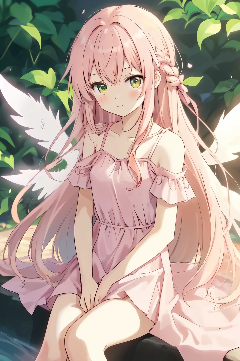 1_girl, (anime, kawai:1.6), (masterpeice, best_quality, clean:1.8), (sky_background:1.2), (cute, wholesome, young:1.4), (delicate, extremely_delicate, beautiful, thin:1.3), (girlfriend, angel:1.5), (green_eyes:1.8) (long_hair, blond_hair:1.6), (wearing_pink_magic_dress, pink_angel_wings:1.8), (tease:1.8), (combat:1.8), extremely_delicate, (love_magic:_size_fits_body), (small_thighs:1.3), (eye_level:1.3), (love:1.5), (warm:1.5), (folded_legs:1.3), (cheerful:1.5)