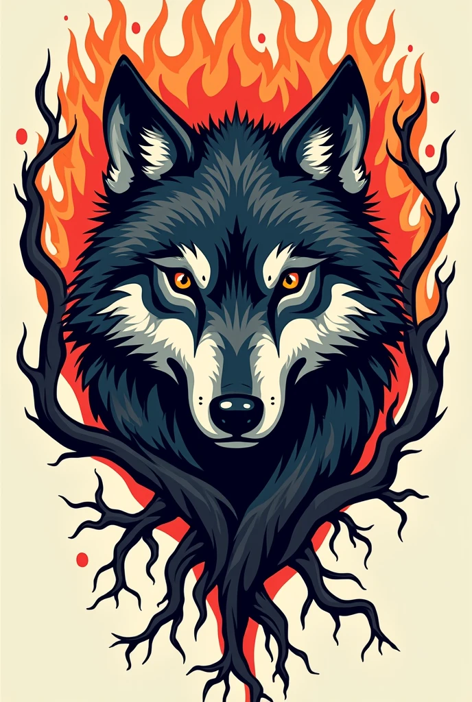 Vector wolf head with roots and flames for tattoo 
