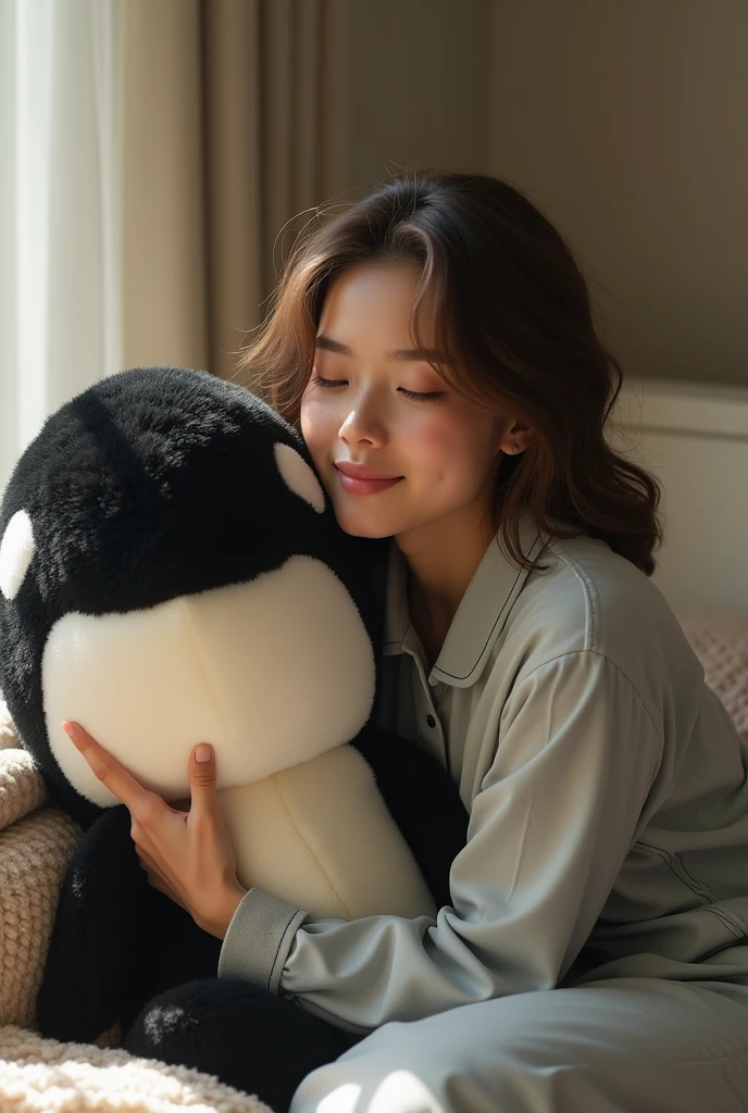 white woman with brown curly hair in pajamas hugging a plush orca whale