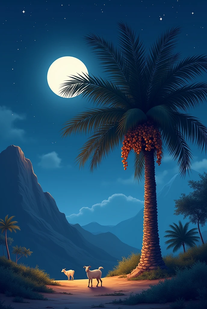 High quality image, best resolution, there is date palm tree. With long leafs, full of dates, night time blue sky withgray clouds. Small stars and big white moon, small goats in the background , mountain in the left side