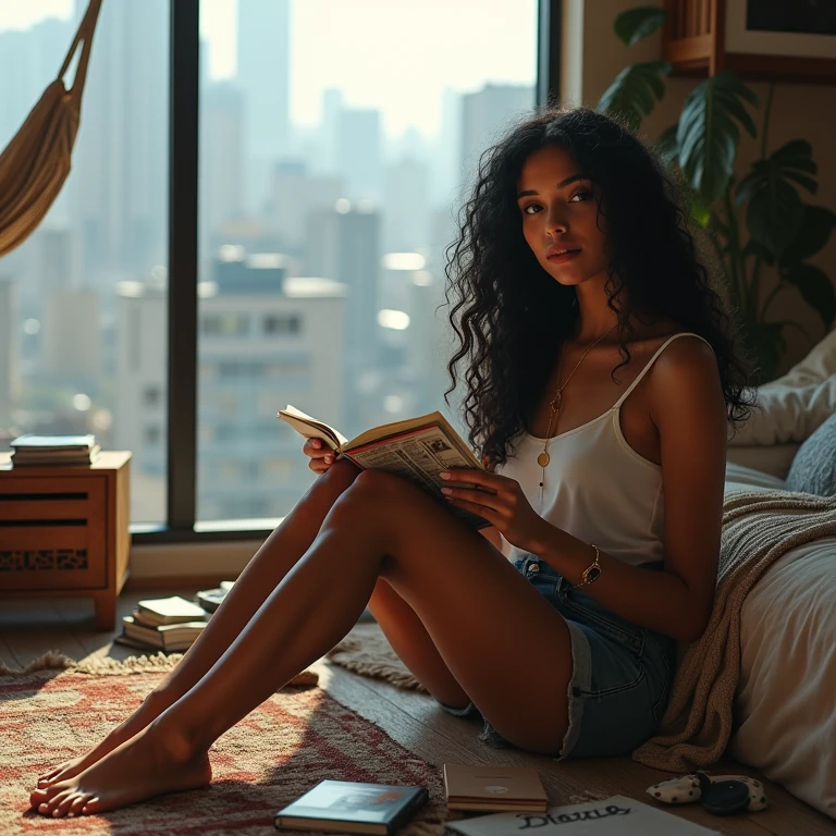 realistic photo of a (pretty girl, 20 years old, brunette, black eyes) seat down at carpet read a magazine, (full lips) , ((perfect face)), [[mild smile]], proportionate body,mixed herritage, beautyfull, beautyfull face, tanned skin, two arms, two legs, five fingers by hand, full body, (curly black long hair), brunette girl), Casual outfit, Apartament into glass building, cyberpunk city behind glass panel, reading a magazine, magazine at hand, messy stuff at carpet, hammok, books and collectibles at carpet
