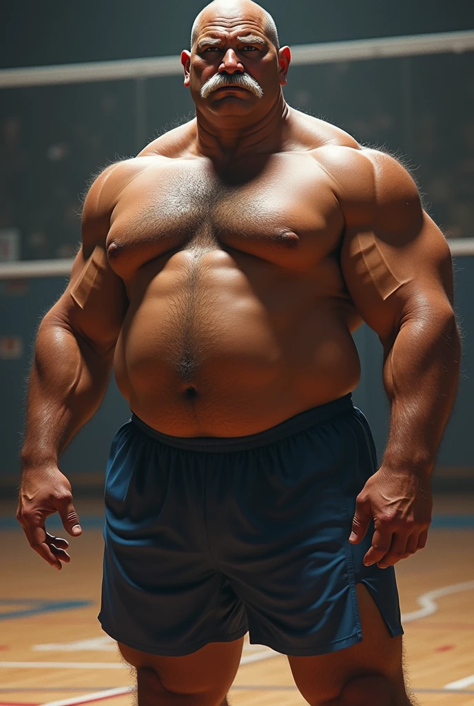 He is dark black, stark, brawny, Cao Cao,Volleyball coach,big fit ass,thin moustache, aged 54